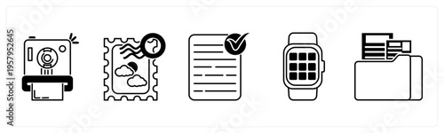 A set of 5 mix icons as instant camera, postage stamp, approved document