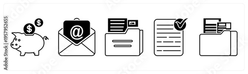 A set of 5 mix icons as piggy bank, email, folder