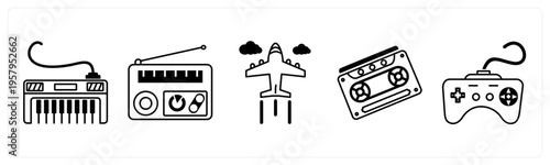 A set of 5 mix icons as piano, radio, plane