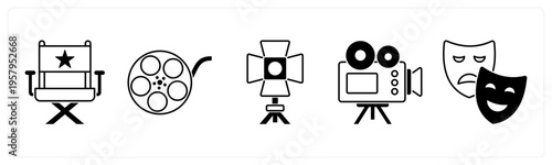 A set of 5 mix icons as director chair, movie reel, spotlight