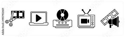 A set of 5 mix icons as movie editing, online video, cd player