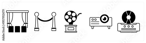A set of 5 mix icons as cinema hall, barrier gate, film award