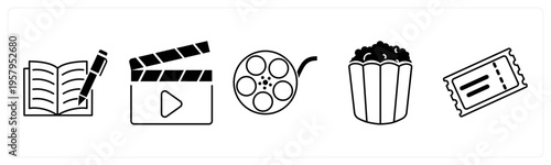 A set of 5 mix icons as script writing, clapper board, movie reel