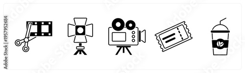 A set of 5 mix icons as movie editing, spotlight, video camera