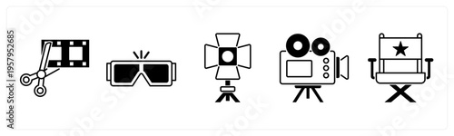 A set of 5 mix icons as movie editing, 3d glasses, spotlight