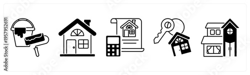 A set of 5 mix icons as paint roller, real estate, property budget