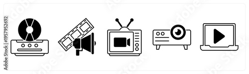 A set of 5 mix icons as cd player, film advertisement, television