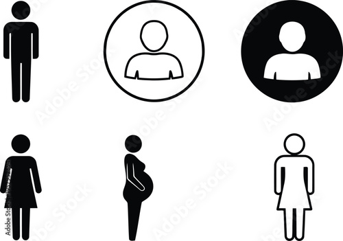 A collection of black and white silhouette icons representing various human figures and user avatars Vector