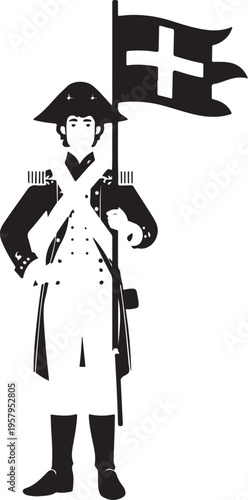 A black and white vector illustration of a historical soldier holding a swiss national flag pole