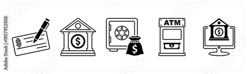 A set of 5 mix icons as cheque, bank, locker