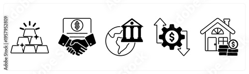 A set of 5 mix icons as billion, financial partnerhsip, global banking