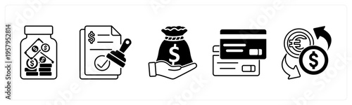 A set of 5 mix icons as saving, approved loan, loan