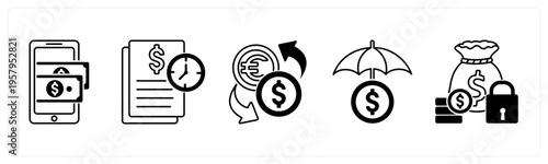 A set of 5 mix icons as mobile payment, transaction history, currency exchange