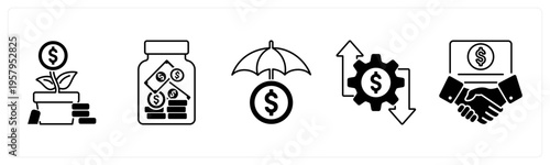 A set of 5 mix icons as money plant, saving, money insurance
