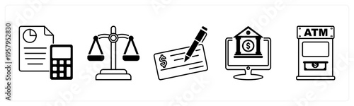 A set of 5 mix icons as budget, balance, cheque