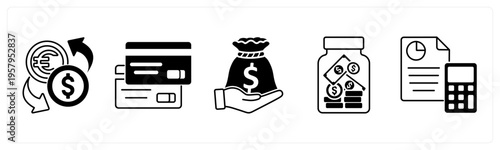 A set of 5 mix icons as currency exchange, credit card, loan