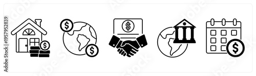 A set of 5 mix icons as home loan, global money, financial partnership