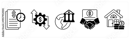 A set of 5 mix icons as transaction history, money management, global banking