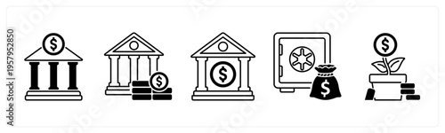 A set of 5 mix icons as financial institution, bank, locker