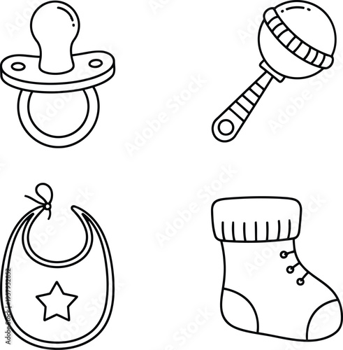 A collection of four simple black and white line art illustrations depicting essential baby items Vector