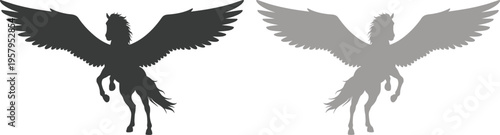 Winged horse icon set featuring Pegasus and unicorn designs in various poses. Black and gray vector shapes ideal for logos, fantasy themes, tattoos, and decorative artwork.
