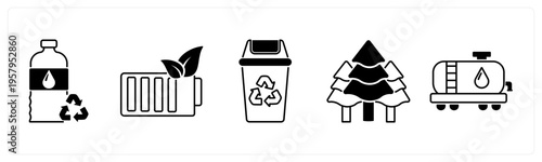 A set of 5 mix icons as recycle bottle, eco battery, recycle bin