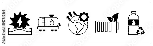 A set of 5 mix icons as hydro power, fuel pump, global warming