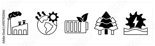 A set of 5 mix icons as factory pollution, global warming, eco battery