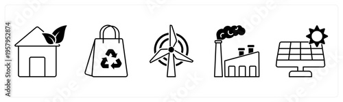 A set of 5 mix icons as eco house, recycle bag, windmill