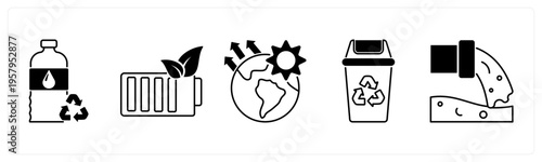 A set of 5 mix icons as recycle bottle, eco battery, global warming