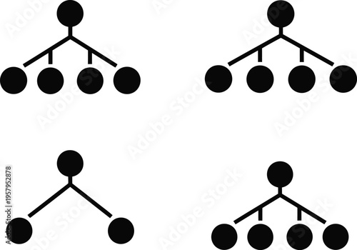 A collection of hierarchical tree diagram icons showing various branching structures for data flow Vector