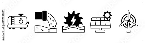 A set of 5 mix icons as fuel pump, gutter, hydro power