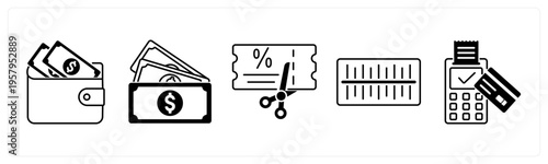 A set of 5 mix icons as wallet, cash, coupon