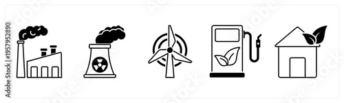 A set of 5 mix icons as factory pollution, windmill, eco fuel