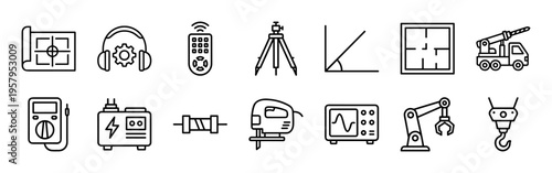 Civil Engineering and Geodesy Surveying Equipment Monoline Outline Symbols for Architectural Mapping and Technical Construction Documentation