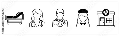 A set of 5 mix icons as stretcher, female doctor, male doctor