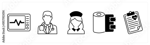 A set of 5 mix icons as ecg machine, male doctor, nurse