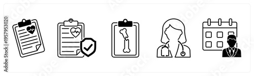 A set of 5 mix icons as health report, medical insurance, xray