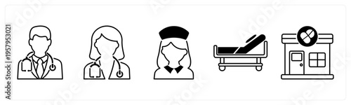 A set of 5 mix icons as male doctor, female doctor, nurse