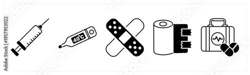 A set of 5 mix icons as injection, thermometer, bandage