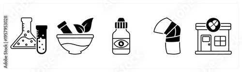 A set of 5 mix icons as flask, ayurvedic medicine, eye drop
