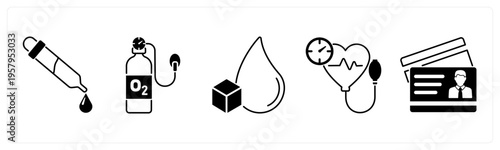 A set of 5 mix icons as dropper, oxygen cylinder, blood sugar