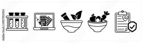 A set of 5 mix icons as test tubes, online pharmacy, ayurvedic medicine