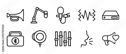 Minimalist Monoline Megaphone and Audio Communication Line Art Outline Symbols for Public Address and Marketing Announcements Branding