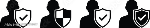 A set of four black icons featuring a silhouette of a person protected by various shield symbols Vector