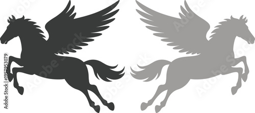 Winged horse icon set featuring Pegasus and unicorn designs in various poses. Black and gray vector shapes ideal for logos, fantasy themes, tattoos, and decorative artwork.