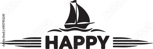 Minimalist graphic design featuring a sailboat icon above the word happy with horizontal lines
