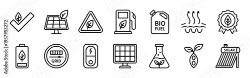 Sustainable Green Energy and Environmental Ecology Minimalist Monoline Outline Symbols for Corporate ESG Reporting and Eco-Friendly Branding