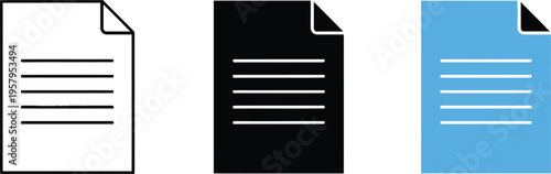 Set of 3 document file icons vector in outline, black solid, and blue styles