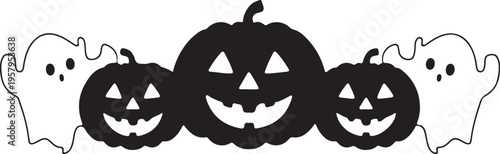 A festive black silhouette banner featuring three spooky jack-o'-lanterns and two friendly ghosts